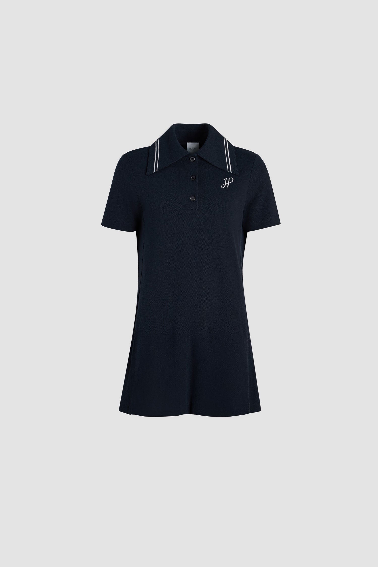Patou - Vestito polo con monogramma JP ricamato in cotone piqué bio - Navy Black - Vestito polo in cotone piqué bio blu nero. Lunghezza mini. Righe ricamate sul collo. Monogramma JP calligrafia ricamato sul petto.
