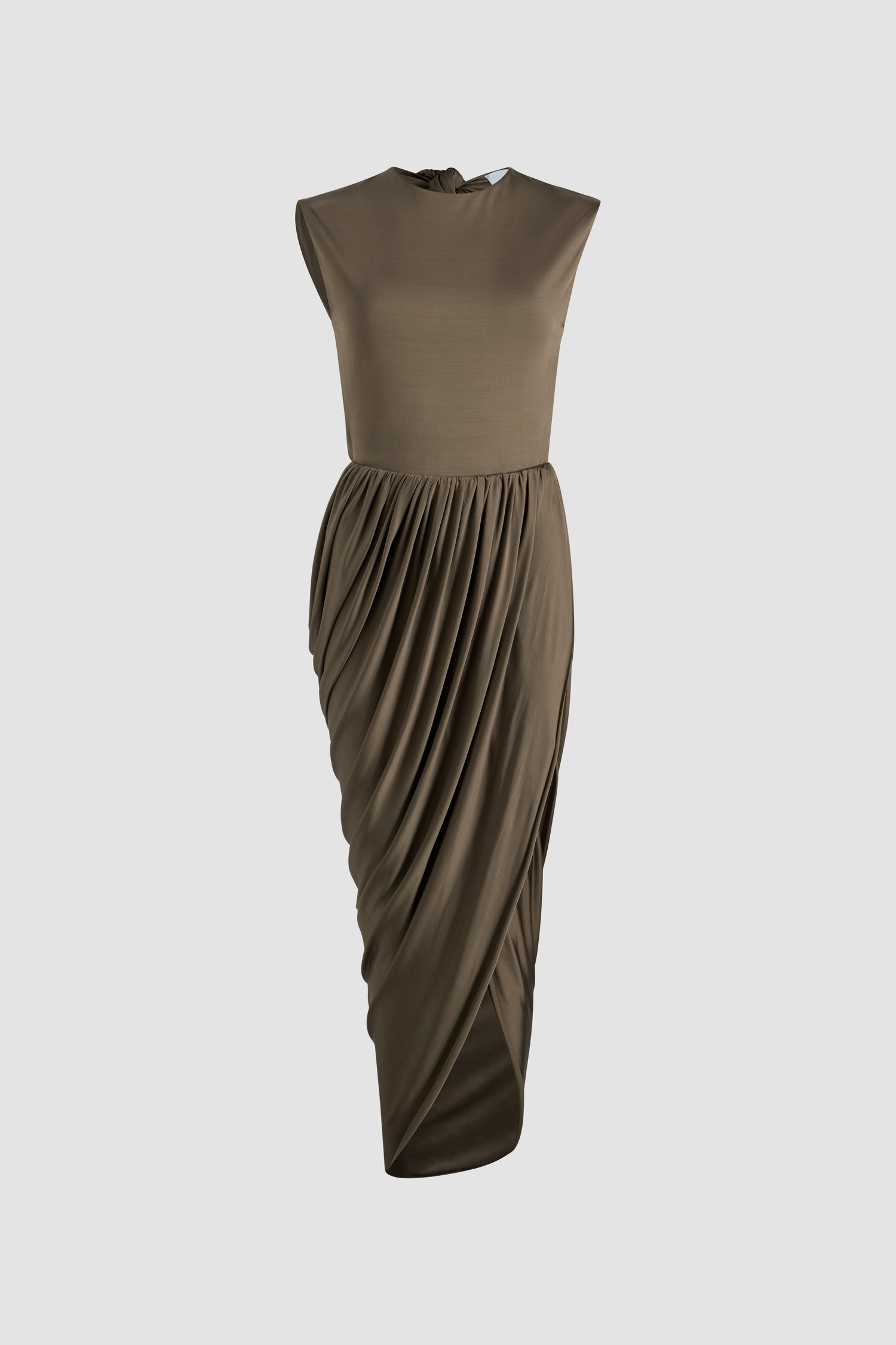 Patou - Open back dress in stretch jersey - Mocha - Mocha light brown stretch jersey dress. Midi length. Open back with knot fastening at the top. Elasticated waist. Draped wrap skirt with opening at the front. This style is very fitted.