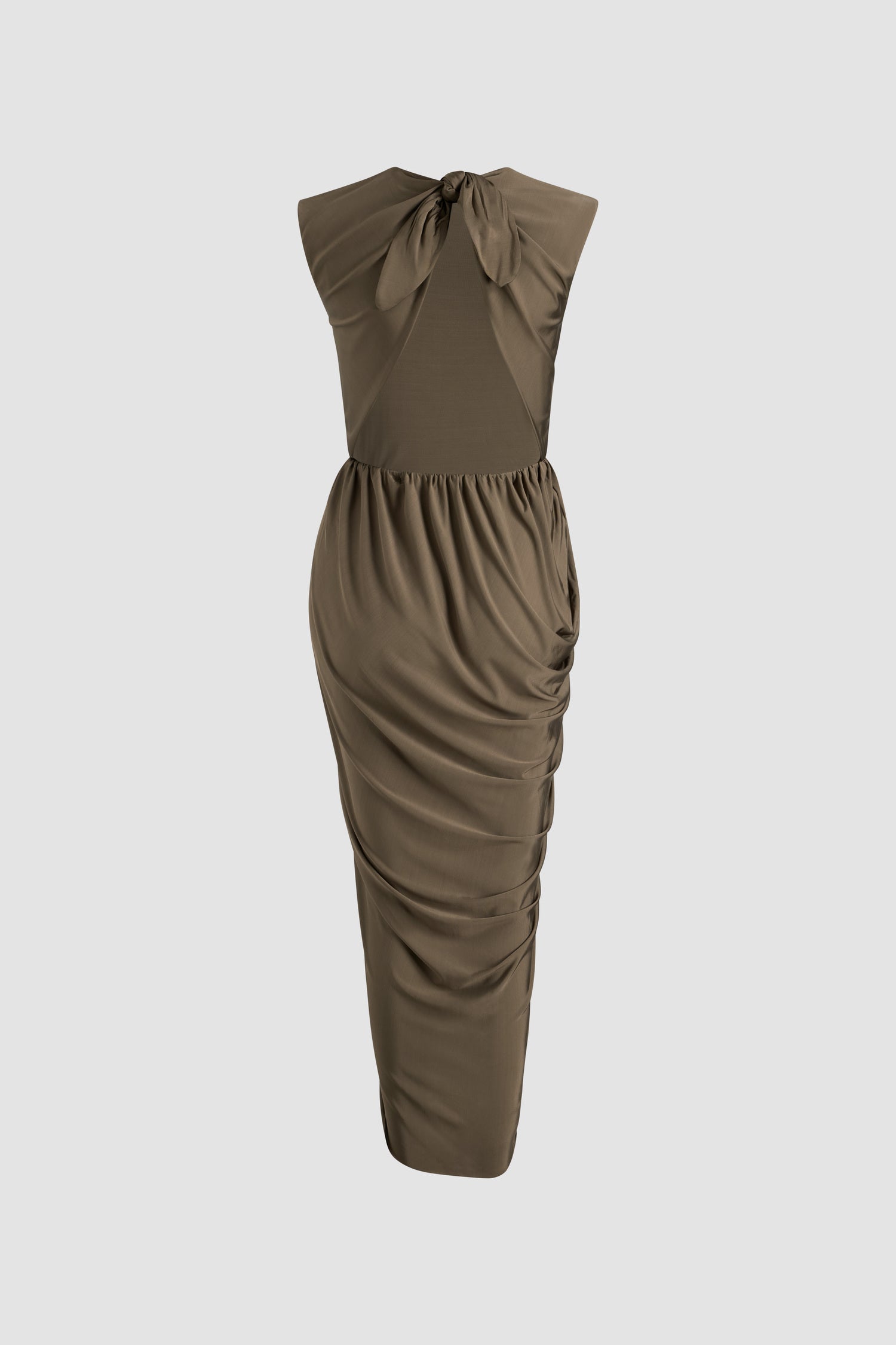 Patou - Open back dress in stretch jersey - Mocha - Mocha light brown stretch jersey dress. Midi length. Open back with knot fastening at the top. Elasticated waist. Draped wrap skirt with opening at the front. This style is very fitted.