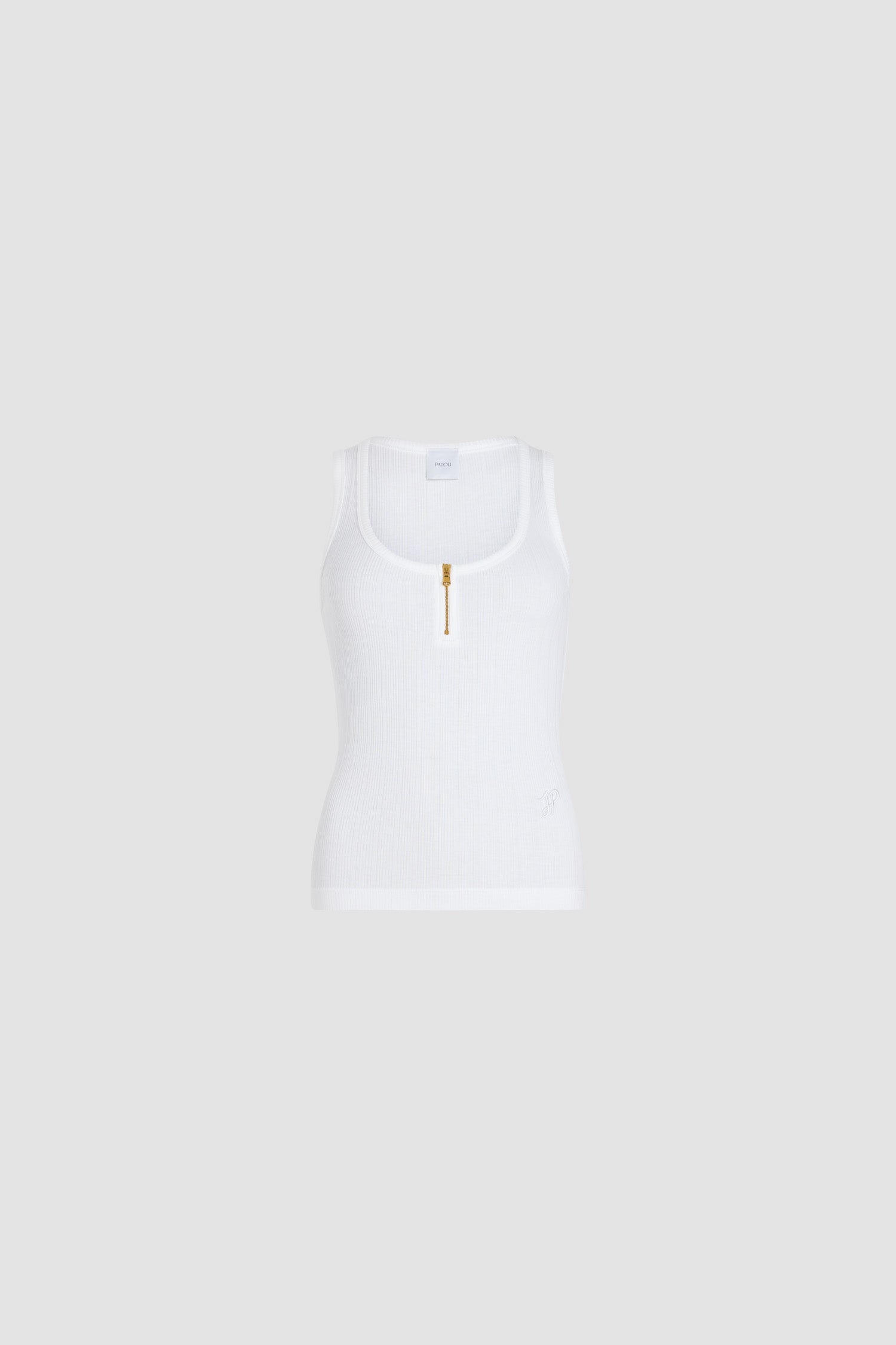 Patou - Canotta con scollo tondo in misto cotone bio a costine - White - Canotta in misto cotone bio bianco. Jersey a costine. Scollo tondo con zip oro. Monogramma JP calligrafia ricamato sul davanti.