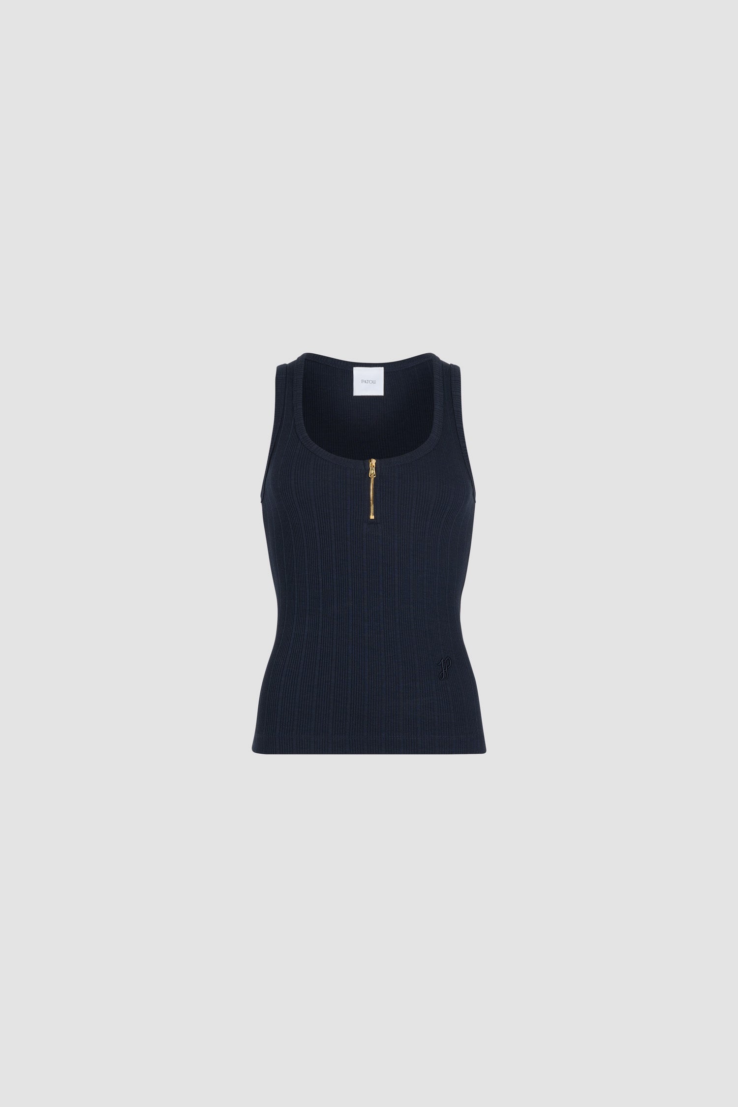 Patou - Canotta con scollo tondo in misto cotone bio a costine - Navy Black - Canotta in misto cotone bio blu nero. Jersey a costine. Scollo tondo con zip oro. Monogramma JP calligrafia ricamato sul davanti.