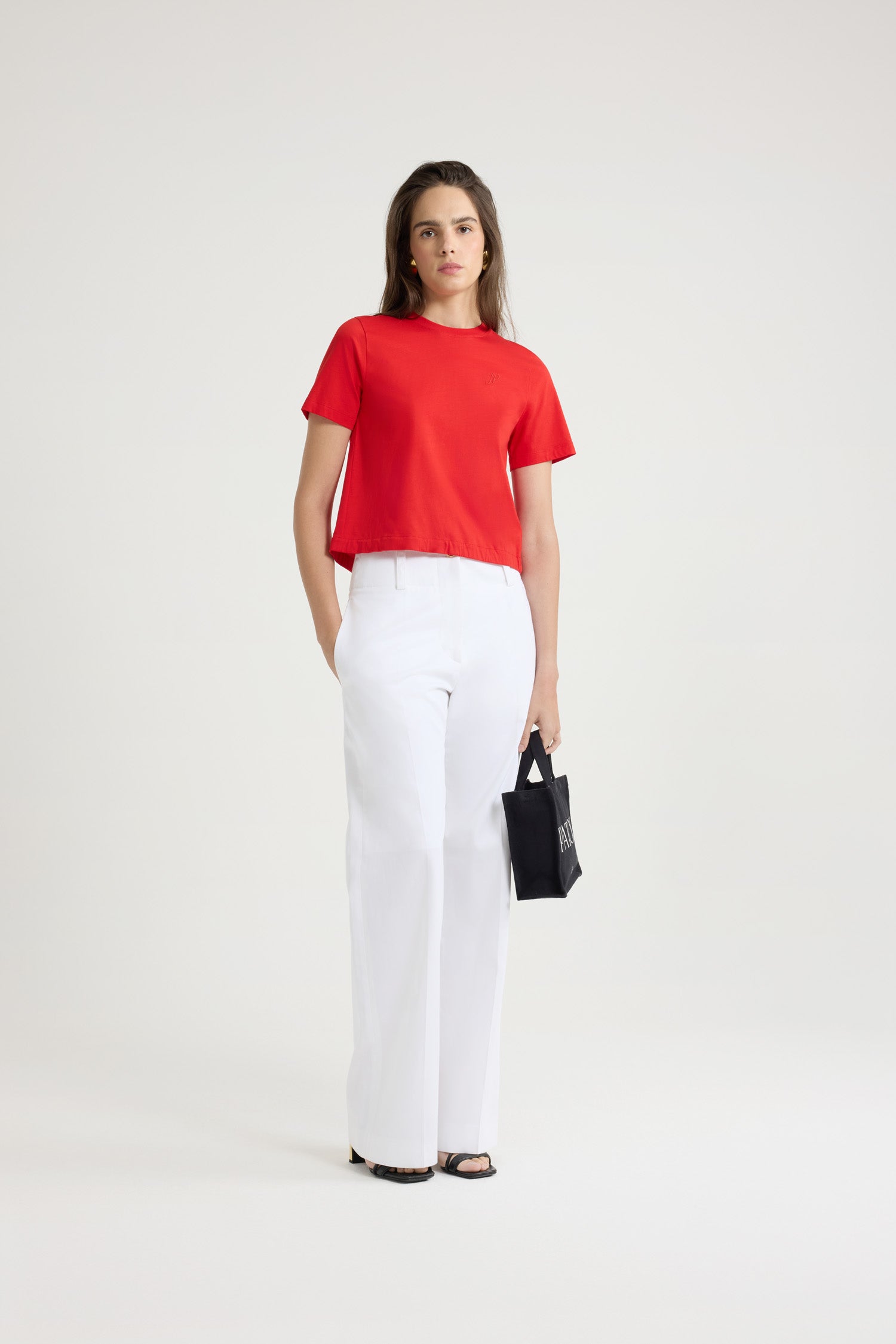 Patou - Open back t-shirt in organic cotton - Lipstick Red - Lipstick Red organic cotton t-shirt. Cropped length. Crewneck. Open back with grosgrain drawstring at the waist. Elasticated hem.