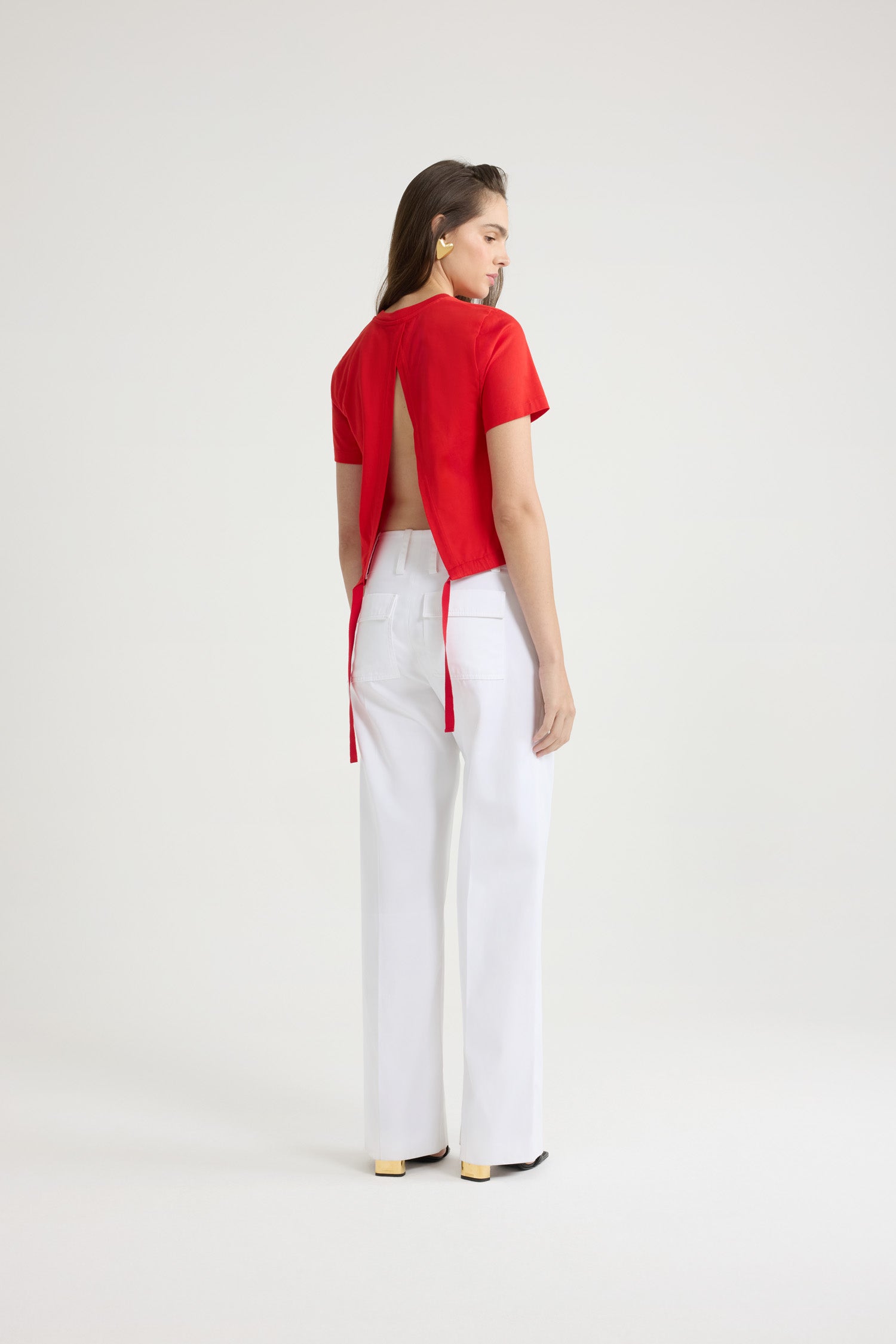 Patou - Open back t-shirt in organic cotton - Lipstick Red - Lipstick Red organic cotton t-shirt. Cropped length. Crewneck. Open back with grosgrain drawstring at the waist. Elasticated hem.