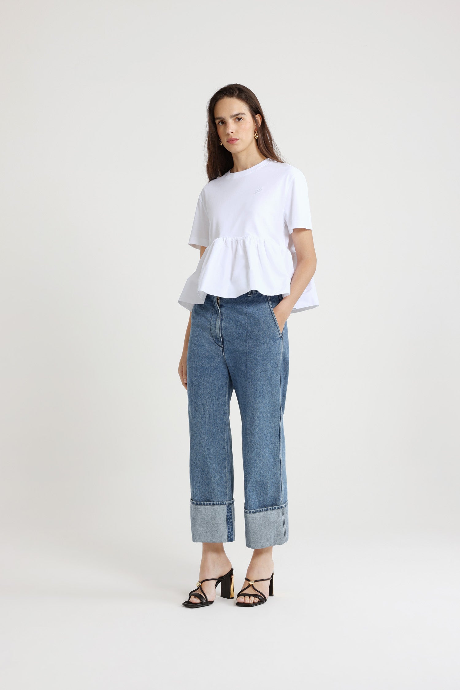 Patou - Ruffle hem t-shirt in organic cotton and faille - White - White organic cotton t-shirt. Thick jersey. Mixed media design with a contrast faille hem. Crewneck. Embroidered JP calligraphy monogram at the chest. Ruching at the waist.