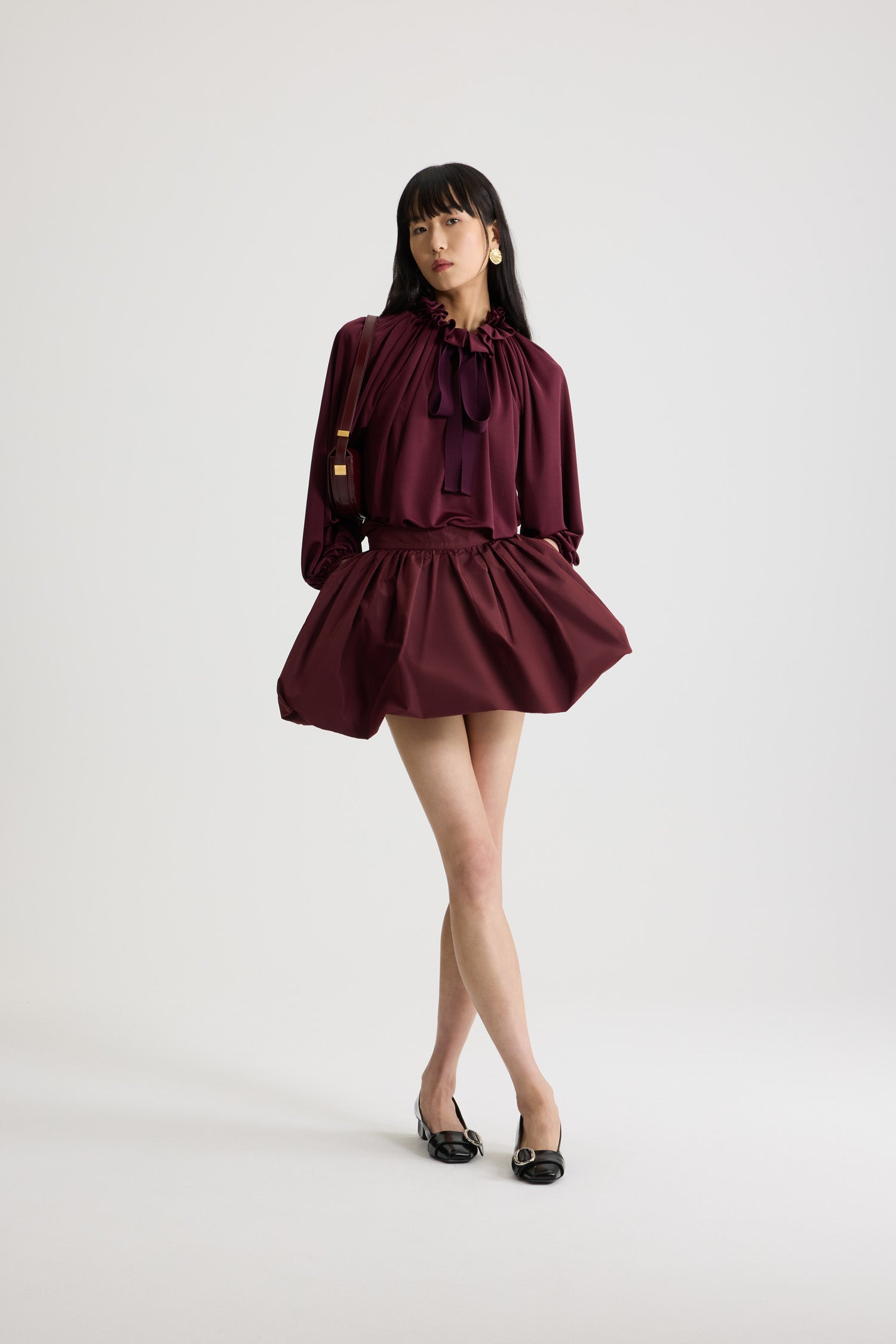 Patou - Iconic drawstring top in satin jersey - Vignola - Vignola maroon satin jersey top. Drawstring collar with flounce at the front and long grosgrain ties. Batwing sleeves with elasticated cuffs. Elasticated waist.