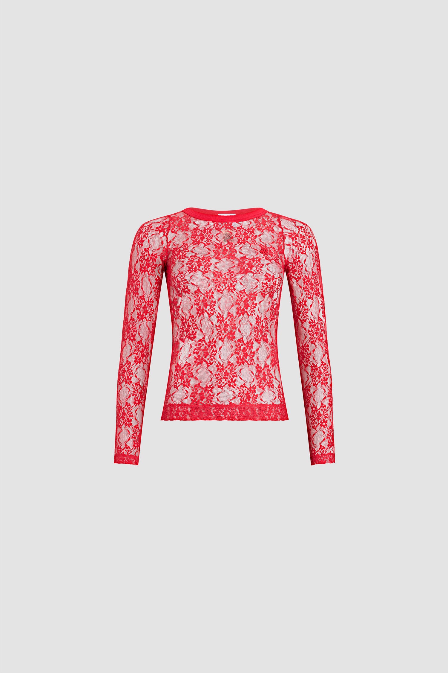 Patou - Second skin top in lace jersey - Babylone Red - Babylone Red lace jersey top. Second skin silhouette. Ribbed collar.