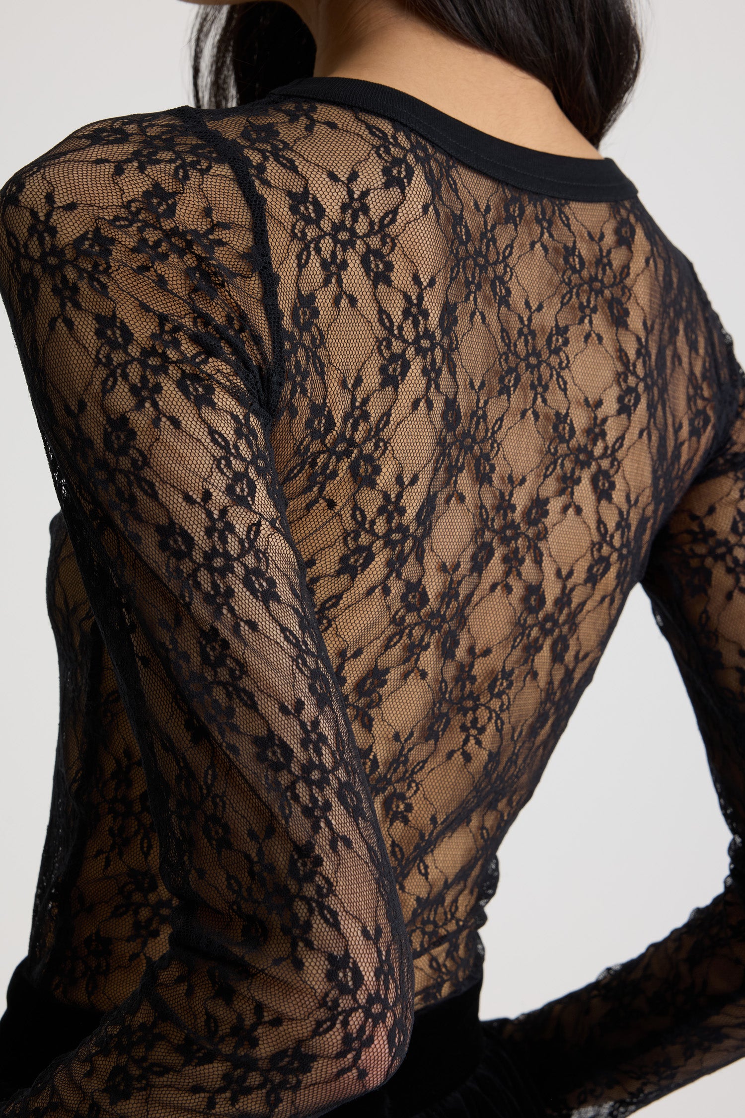 Patou - Second skin top in lace jersey - Black - Black lace jersey top. Second skin silhouette. Ribbed collar.