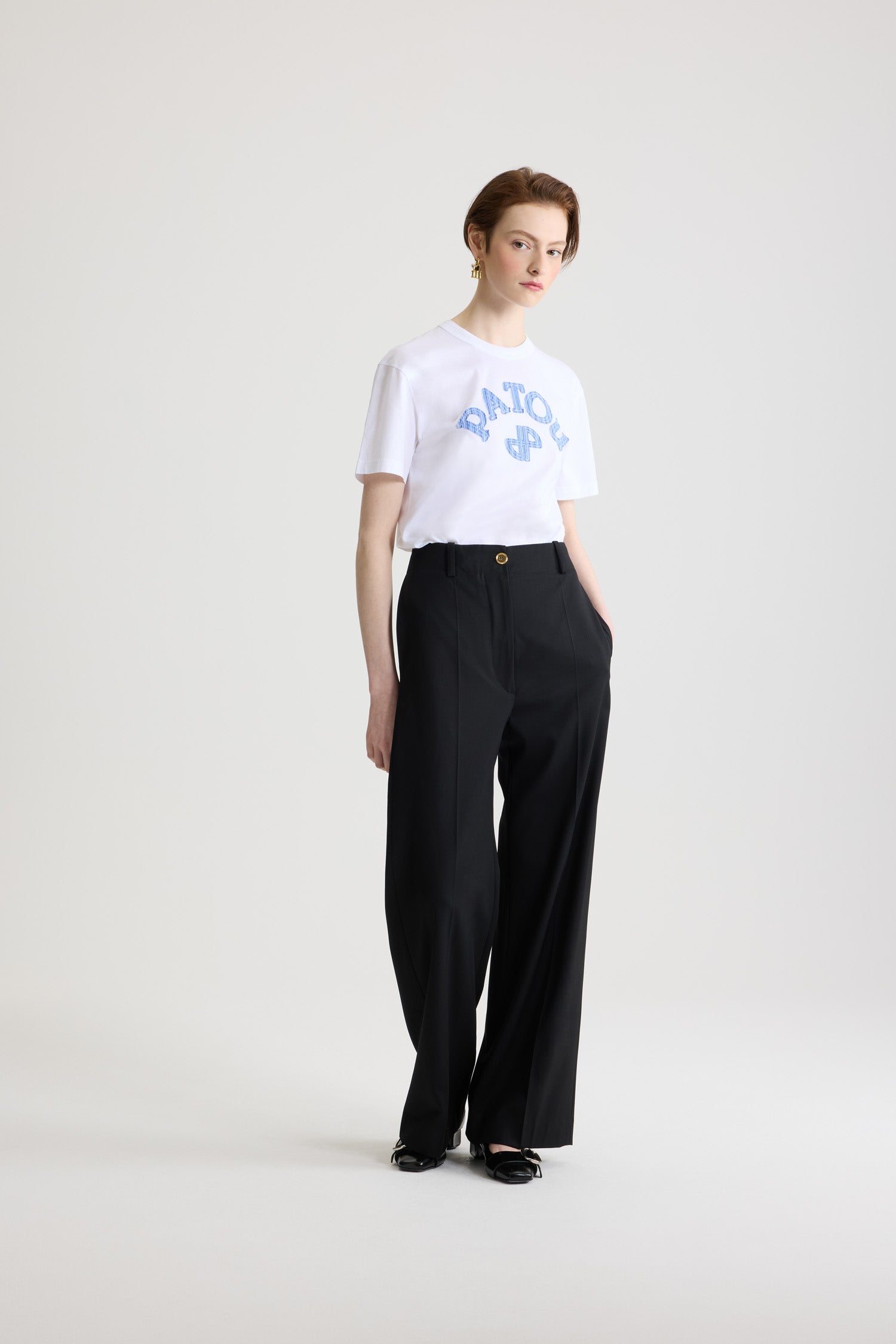 Patou - Poplin Patou logo and JP monogram t-shirt in organic cotton - White - White organic cotton t-shirt. Crewneck. Striped poplin Patou logo and JP monogram at the front.