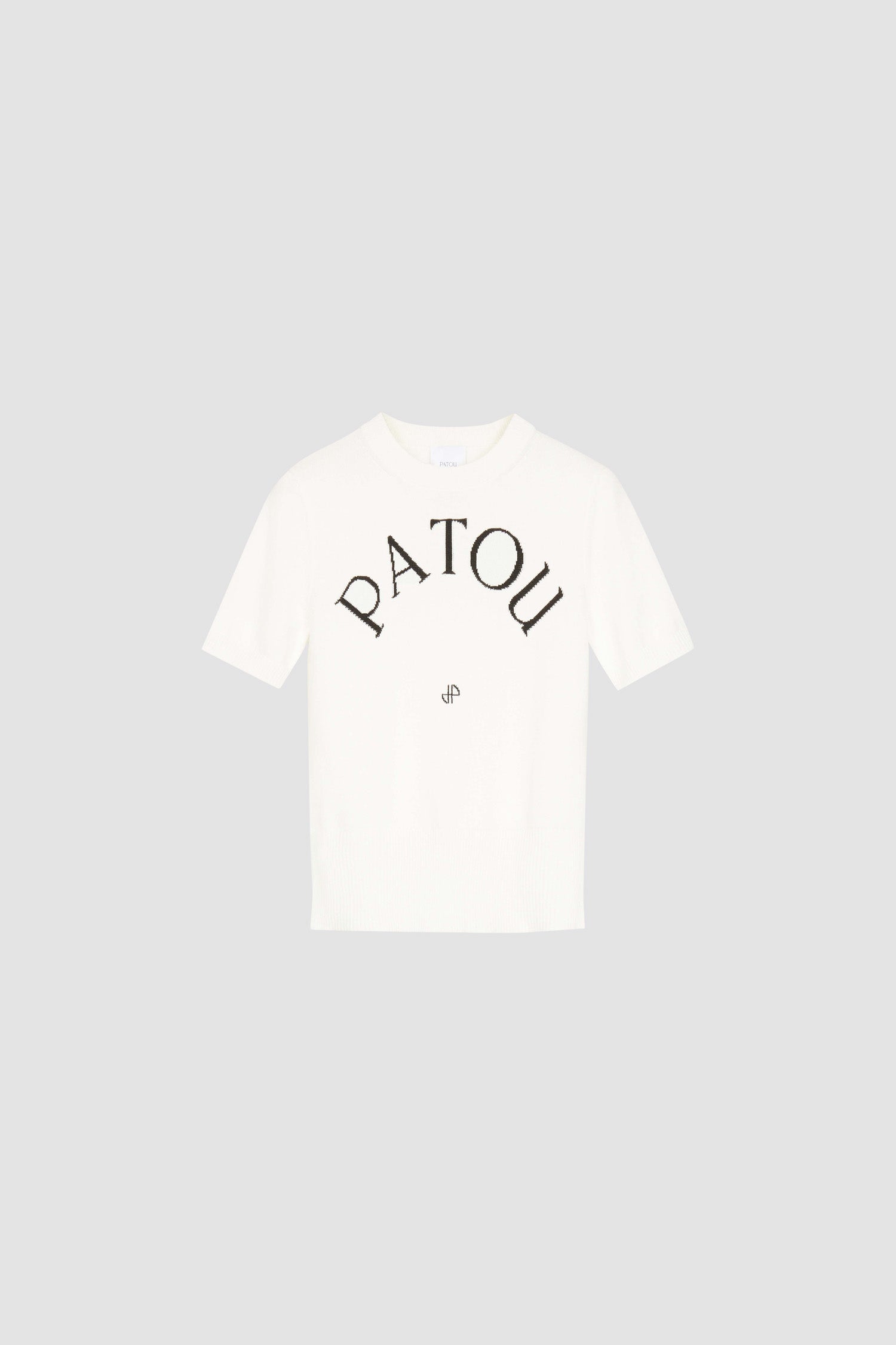 Patou - Patou jacquard knit top in eco-friendly cotton blend - White - Patou, the five letters behind a new style tribe.White organic cotton blend knit top. Fitted style with short sleeves. Round neckline. Ribbed collar, cuffs and waist. Patou lettering logo and monogram jacquard in black at the front.