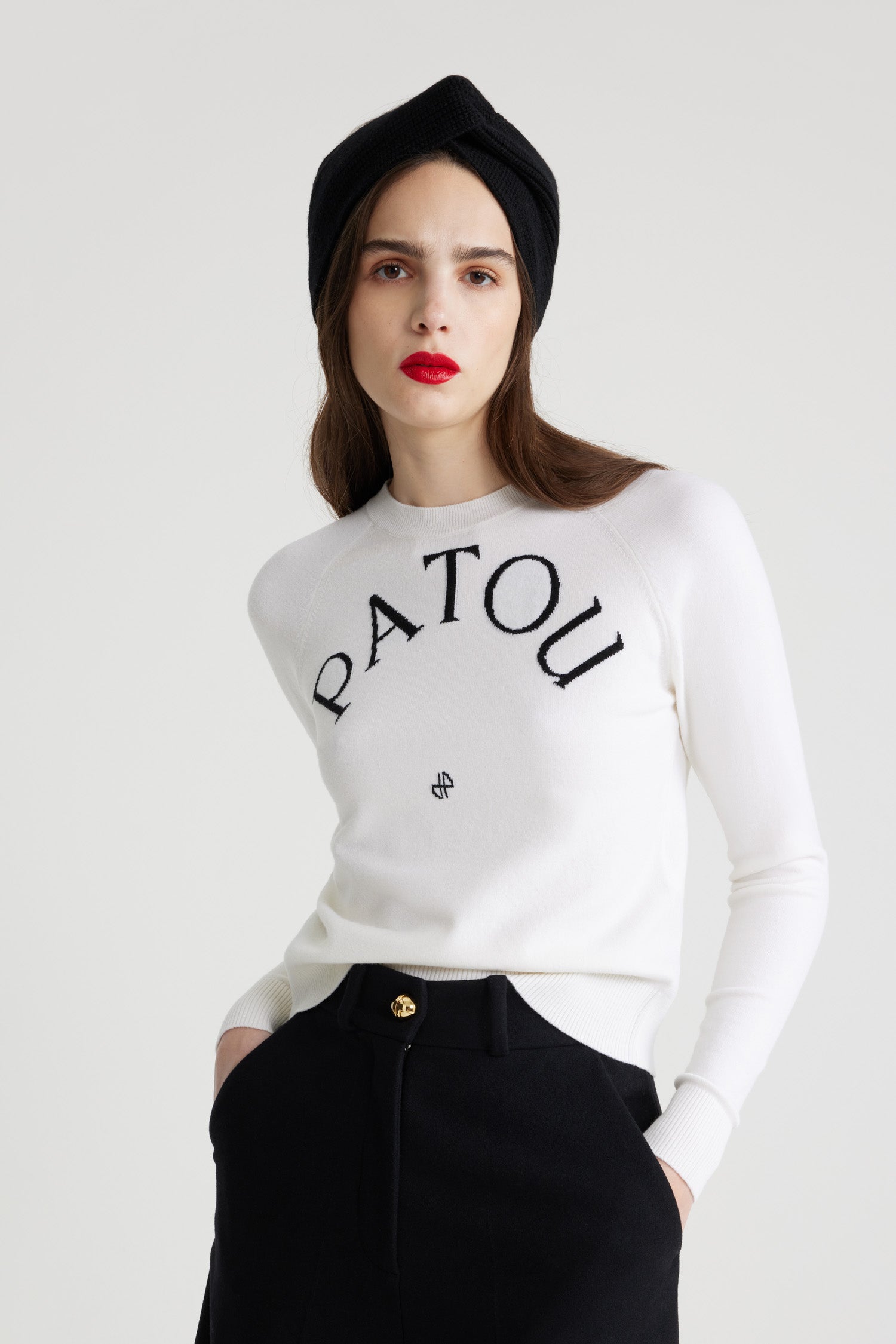 Patou - Patou wool blend jumper - White - White Merino wool blend jumper. Crewneck. Black jacquard Patou logo and monogram at the front.