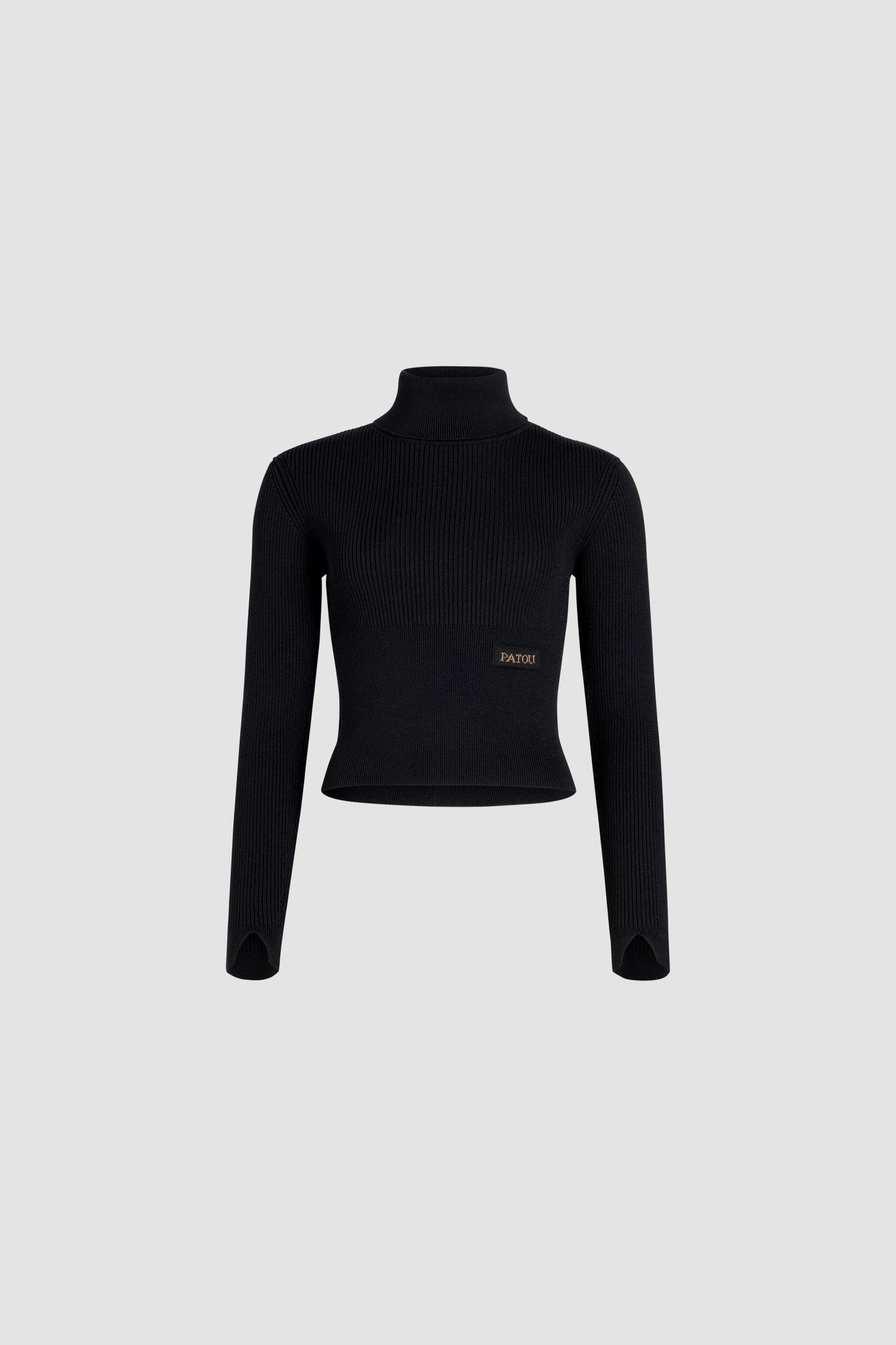 Patou - Gerippter Rollkragenpullover aus nachhaltiger Wolle und Kaschmir - Black - Schwarzer Pullover aus nachhaltiger Wolle und Kaschmir. Geripptes Design. Rollkragen. Patou Jacquard-Etikett auf der Vorderseite. V-Ausschnitt an den Manschetten.Dieses Modell fällt klein aus.