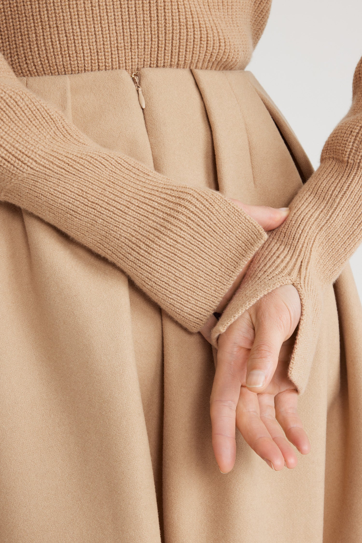Patou - Wrap collar jumper in sustainable wool and cashmere - Biscuit - Biscuit beige sustainable wool and cashmere jumper. Fitted silhouette. Wrap neck. V cut-out at the cuffs.This style is fitted.