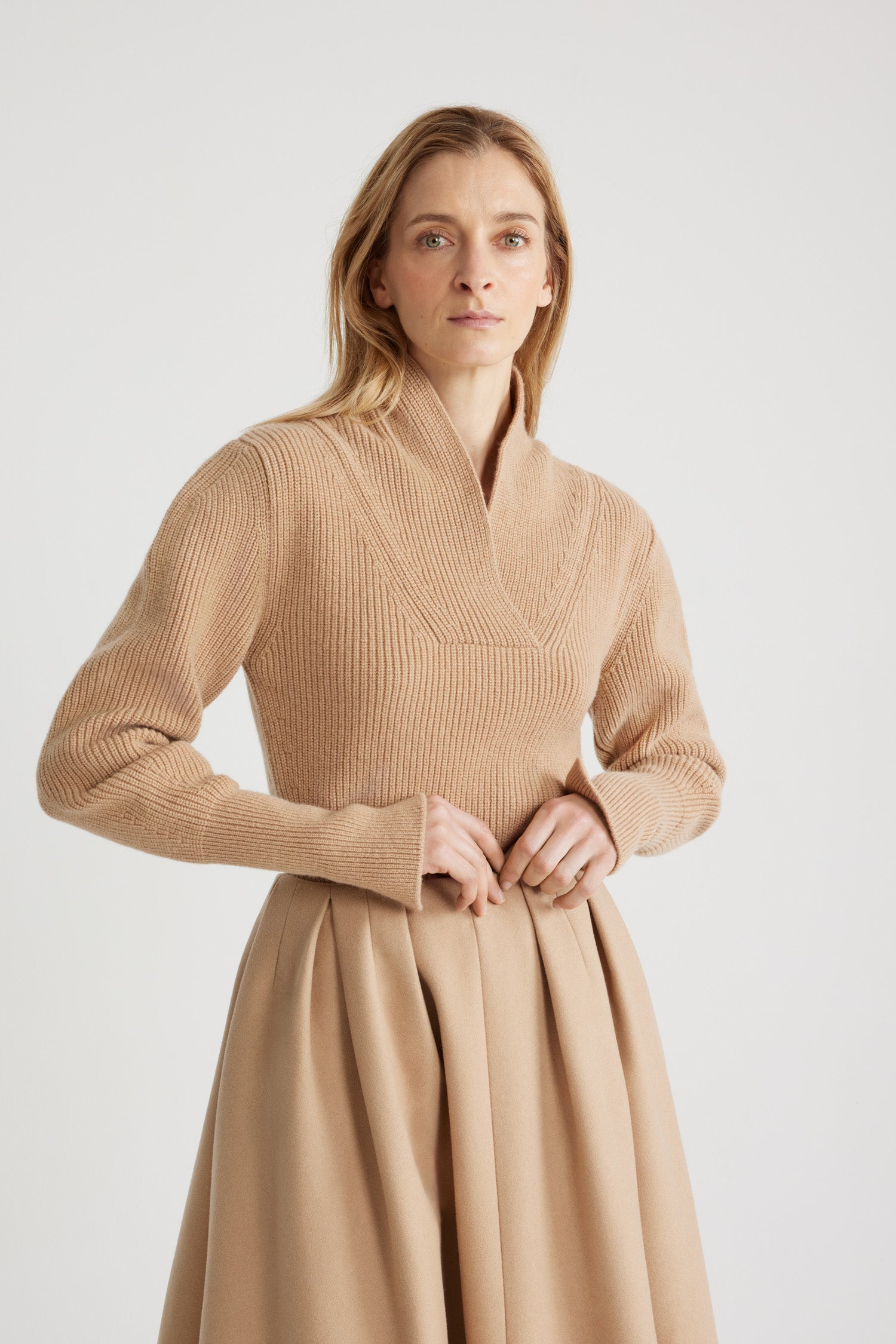 Patou - Wrap collar jumper in sustainable wool and cashmere - Biscuit - Biscuit beige sustainable wool and cashmere jumper. Fitted silhouette. Wrap neck. V cut-out at the cuffs.This style is fitted.