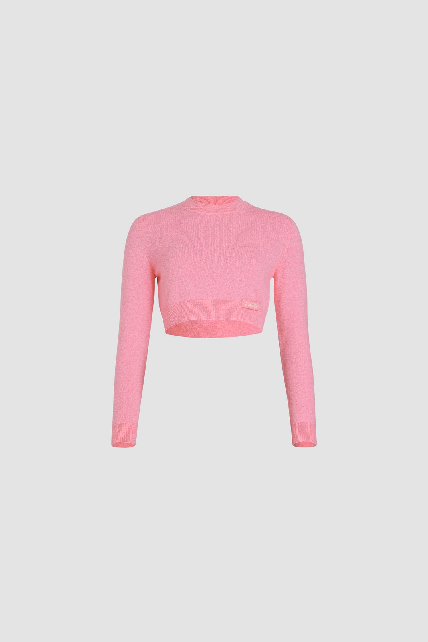 Patou - Cropped jumper in sustainable wool and cashmere - Rosebloom Pink - Rosebloom Pink sustainable wool and cashmere jumper. Cropped length. Round neck. Patou jacquard label at the front.This style is cropped.