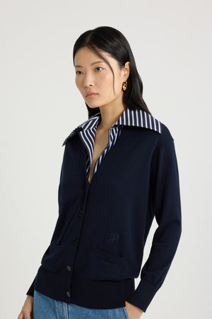 Cardigan aus Baumwolle mit Trompe-l'œil-Kragen aus Popeline