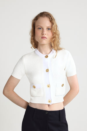 Waffle knit cropped cardigan in cotton