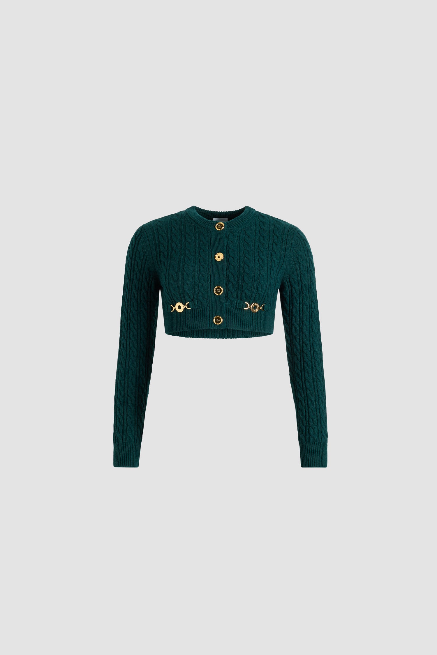 Patou - Cropped cable cardigan in wool and cashmere - Imperial Green - Imperial Green Merino wool and cashmere cardigan. Cable stitch. Cropped length. Fitted silhouette. Round neck. Button front fastening with gold-tone JP monogram-engraved buttons. Two patch pockets at the front with gold-tone Patou logo-engraved medallion embellishments. Ribbed collar, cuffs and hem.