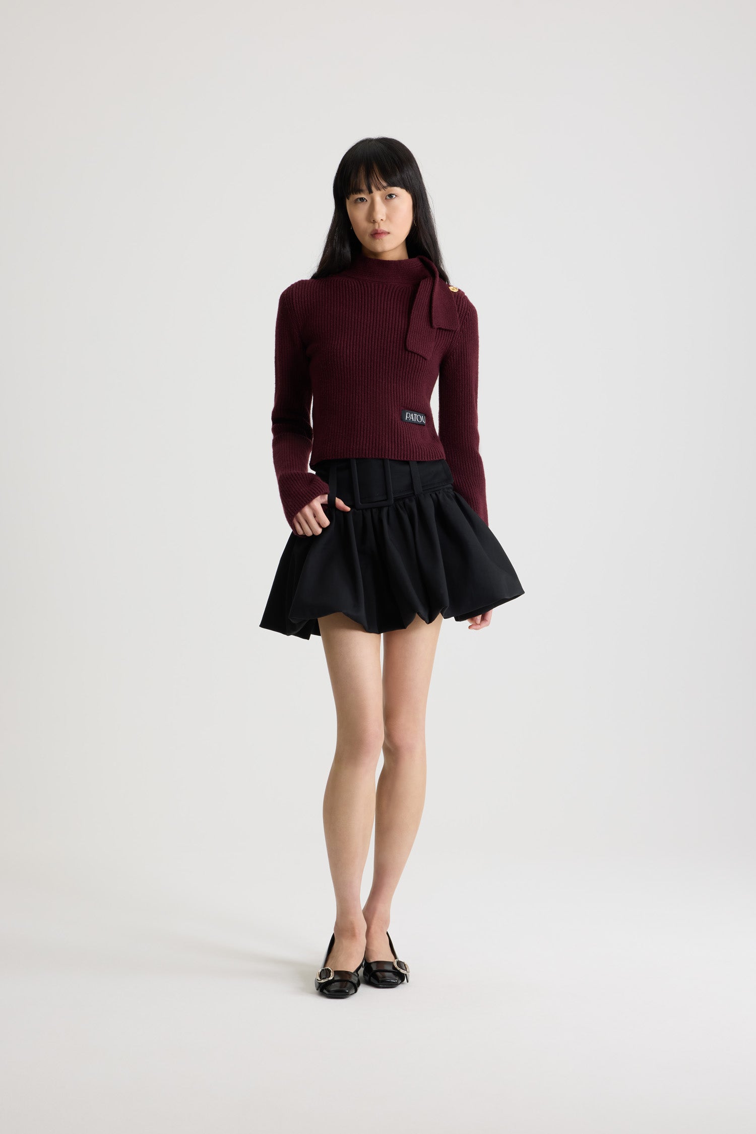 Patou - Scarf collar jumper in wool and cashmere - Vignola - Vignola maroon Merino wool and cashmere jumper. Rib knit. Mock neck with scarf detail. Gold-tone JP-engraved buttons on the shoulder. Patou logo label placed at the front.