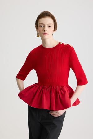 Ruffle hem ribbed jumper in wool and faille