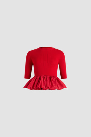 Ruffle hem ribbed jumper in wool and faille