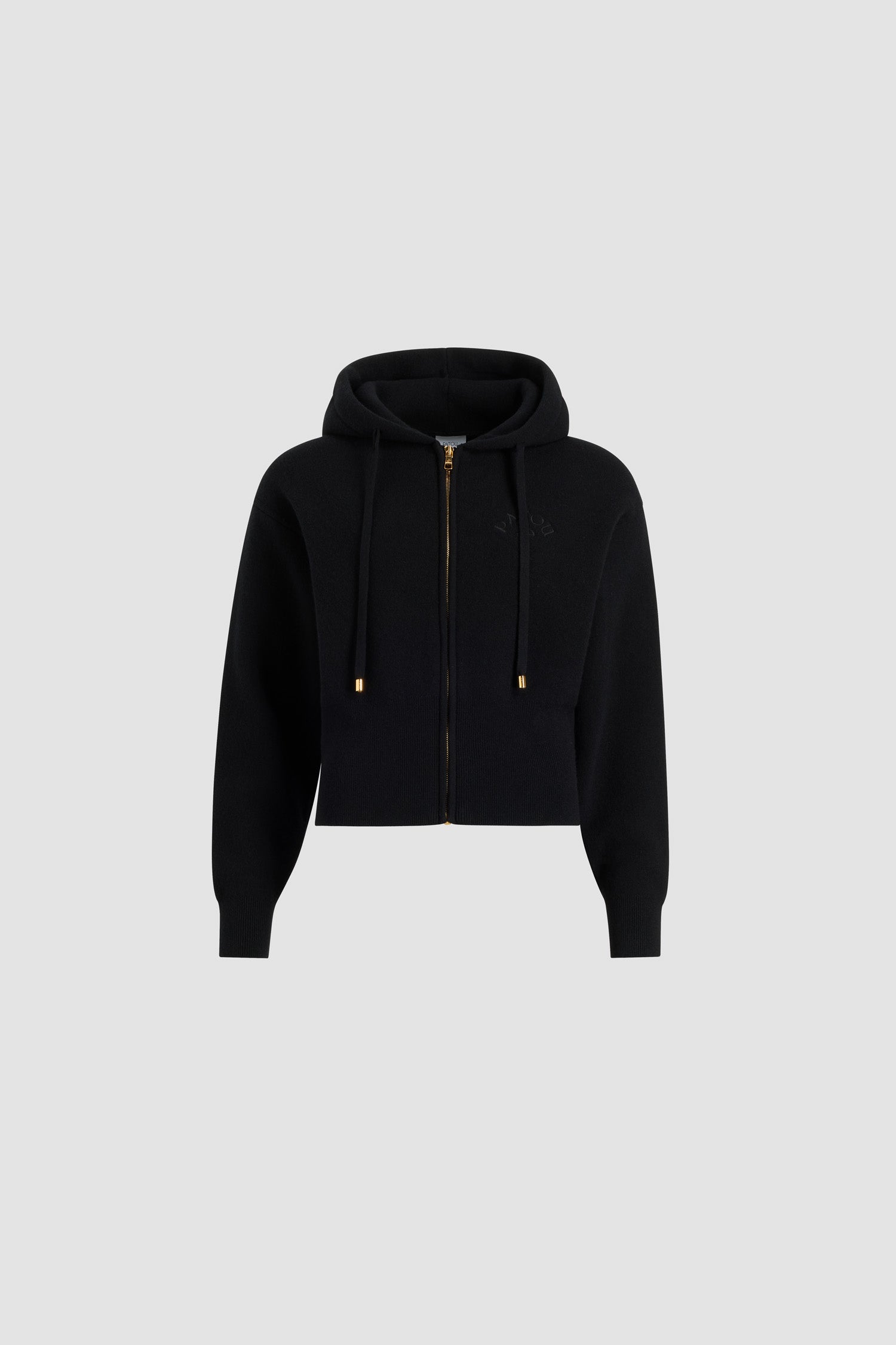 Patou - Felpa con cappuccio e zip in lana e cashmere - Black - Felpa con cappuccio in lana merino e cashmere nero. Collo con cappuccio con coulisse; estremità oro incise con logo Patou. Zip oro sul davanti. Logo Patou e monogramma JP ricamati sul petto. Polsini e fondo a costine.