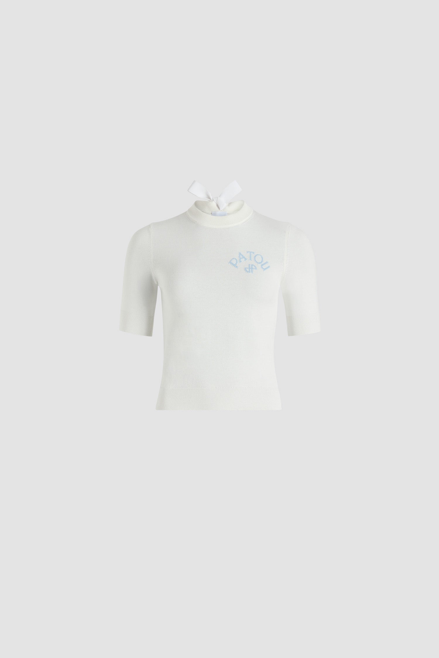 Patou - Bow collar jumper in organic cotton and polyester - White - White organic cotton and polyester jumper. Round neck with grosgrain ribbon at the back. Contrast Patou logo and JP intarsia at the chest. Short sleeves. Ribbed cuffs and hem.