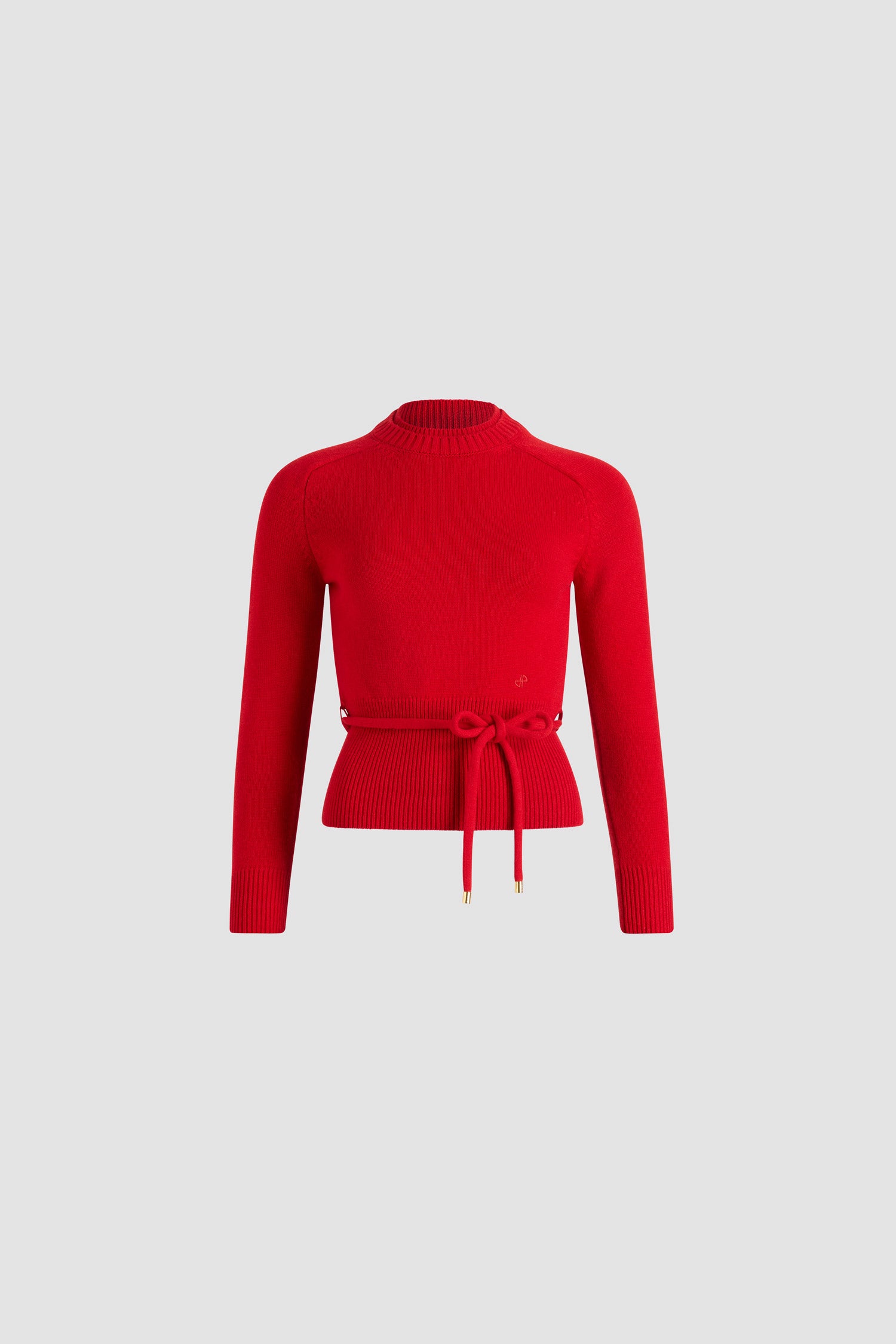 Patou - Double collar belted jumper in wool and cashmere - Madder Red - Madder Red wool and cashmere jumper. Round neck with double layer mixed rib collar. Removable tubular belt with gold-tone Patou logo-engraved tips. Embroidered JP monogram at the front. Ribbed cuffs and hem.