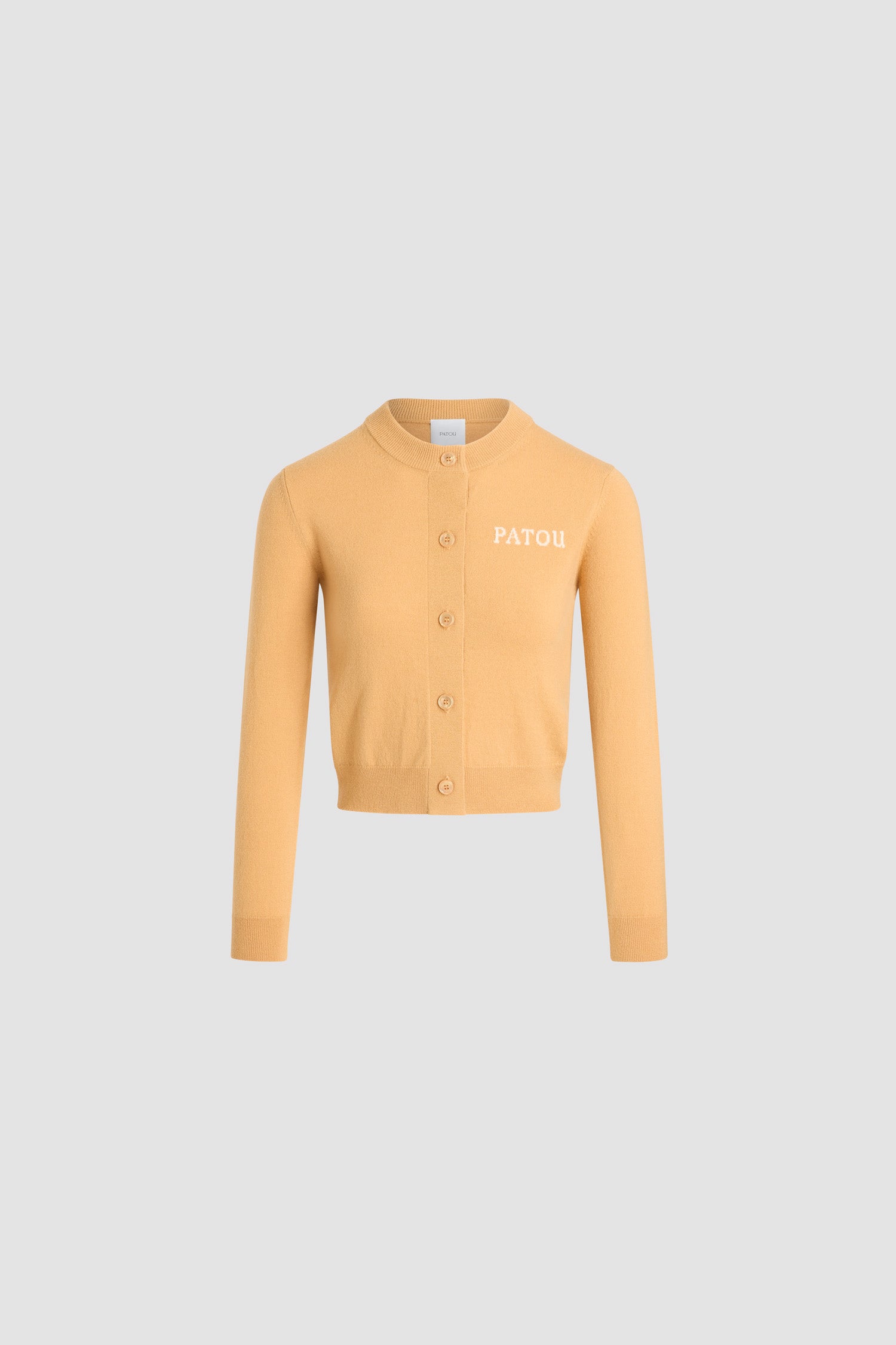 Patou - Patou intarsia cardigan in wool and cashmere - Amber - Amber yellow Merino wool and cashmere cardigan. Round neck. JP monogram-engraved mother-of-pearl buttons. Contrast Patou logo intarsia at the chest.