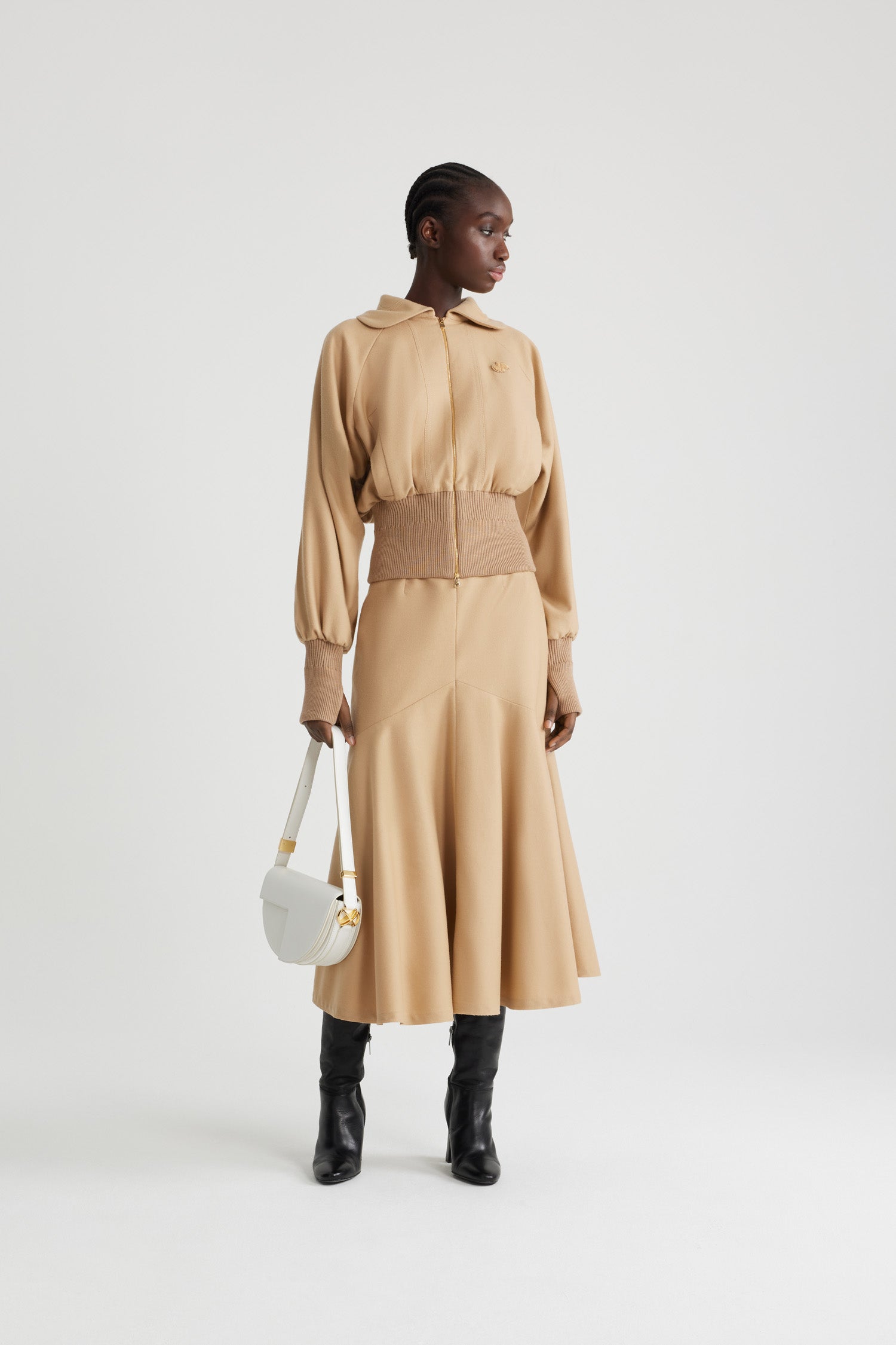 Patou - Lightweight bomber in sustainable wool blend - Gray Sand - Sand sustainable wool blend flannel bomber. Rounded collar. Raglan sleeves. Gold-tone two-way zip fastening. Bouclette JP patch at the chest. Vertical welt pockets. Ribbed waist and cuffs. Lined.