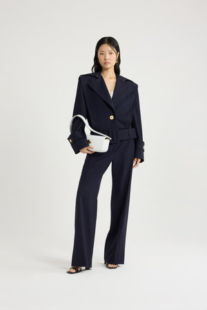 Belted jacket in sustainable technical wool twill