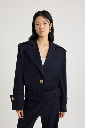 Belted jacket in sustainable technical wool twill