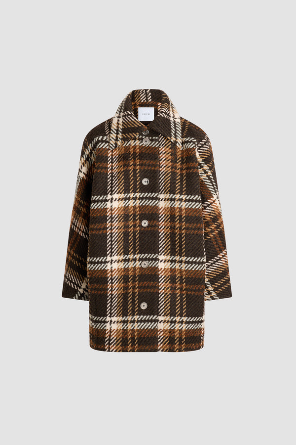 Patou - Parka volumineuse en laine mélangée - Autumn Checkerboard - Parka en laine vierge mélangée automnale. Motif à carreaux. Col large avec patte détachable et fermoir argenté. Boutonnage avant avec boutons argentés gravés du monogramme JP. Poches dans les coutures. Modèle doublé.