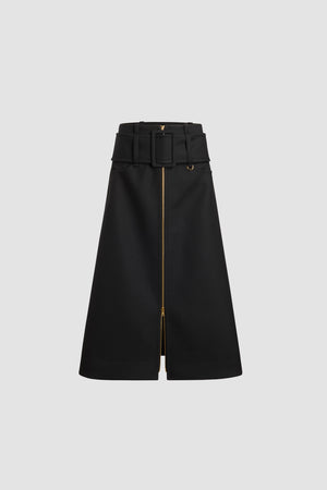 Gonna midi con cintura e zip sul davanti in lana