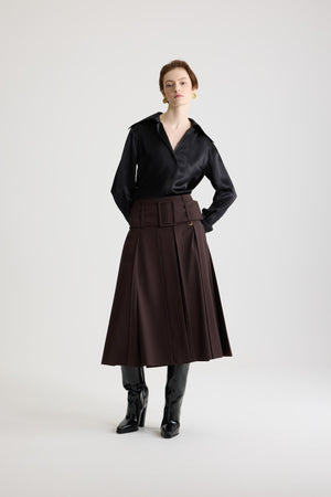 Belted midi skirt in sustainable technical wool