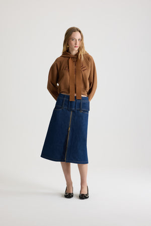 Gonna midi con cintura e zip sul davanti in denim di cotone