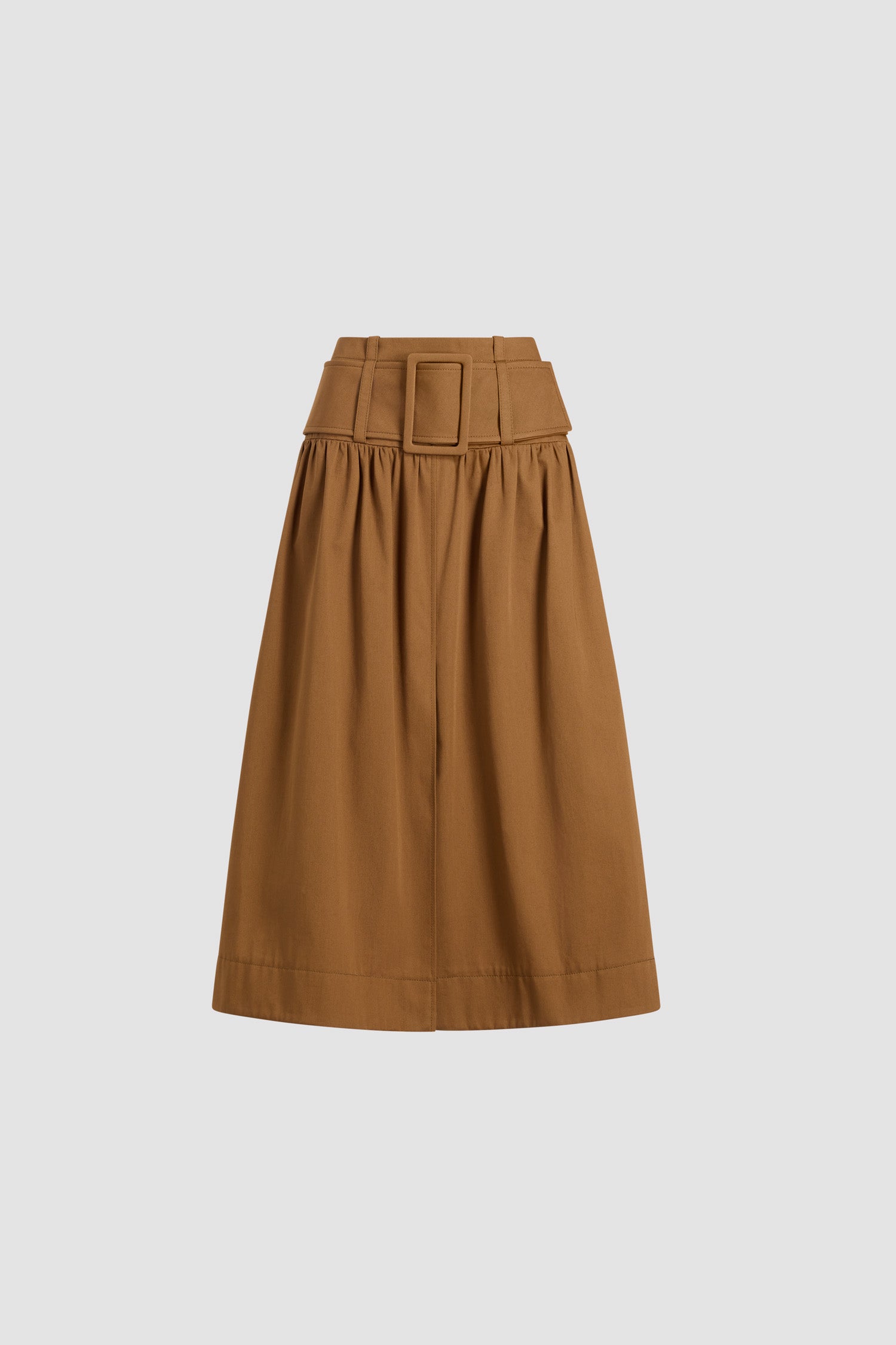 Patou - Belted midi skirt in organic cotton gabardine - Nutmeg - Nutmeg light brown organic cotton gabardine skirt. Midi length. Mid waist. Zip fastening at the back. Wide fabric belt with fabric-covered buckle.