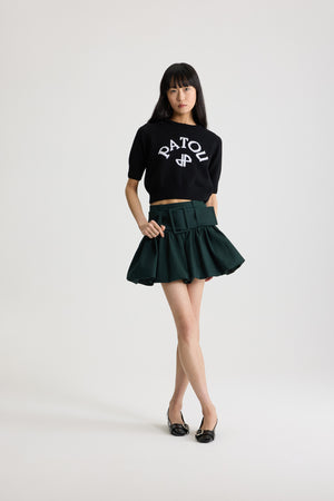 Belted bubble mini skirt in organic cotton gabardine