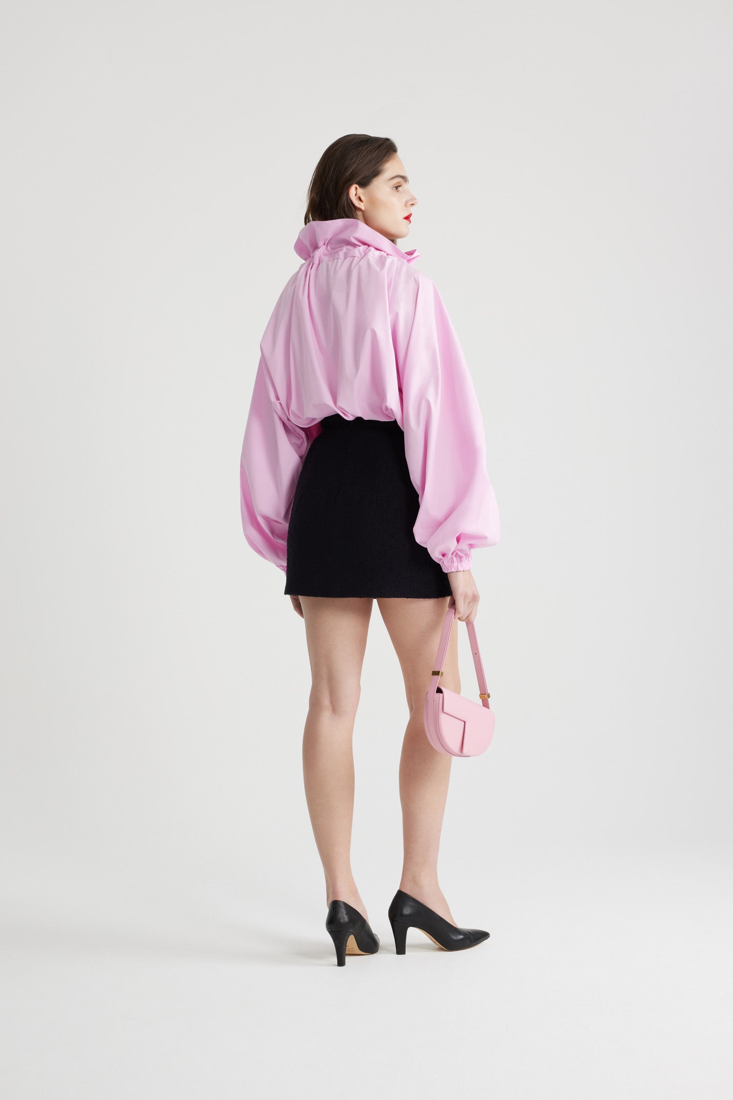 Patou - Iconic drawstring top in organic cotton - Rosebloom Pink - Rosebloom Pink organic cotton poplin top. High volume silhouette that can be worn knotted at the neck or off the shoulders. Drawstring collar with flounce at the front and long grosgrain ties. Batwing sleeves with elasticated cuffs. Elasticated waist.