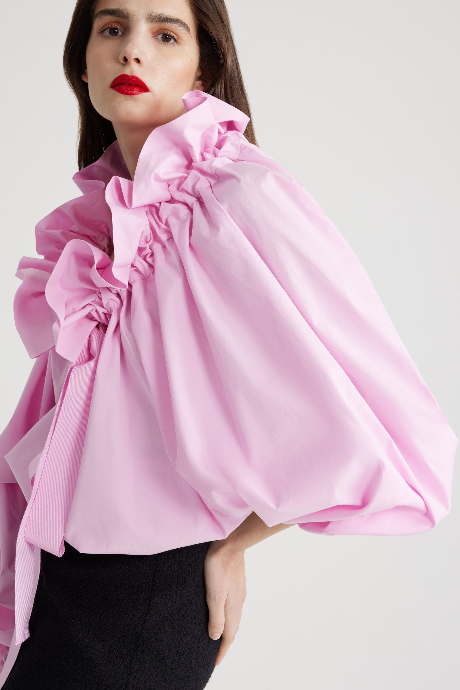 Patou - Iconic drawstring top in organic cotton - Rosebloom Pink - Rosebloom Pink organic cotton poplin top. High volume silhouette that can be worn knotted at the neck or off the shoulders. Drawstring collar with flounce at the front and long grosgrain ties. Batwing sleeves with elasticated cuffs. Elasticated waist.