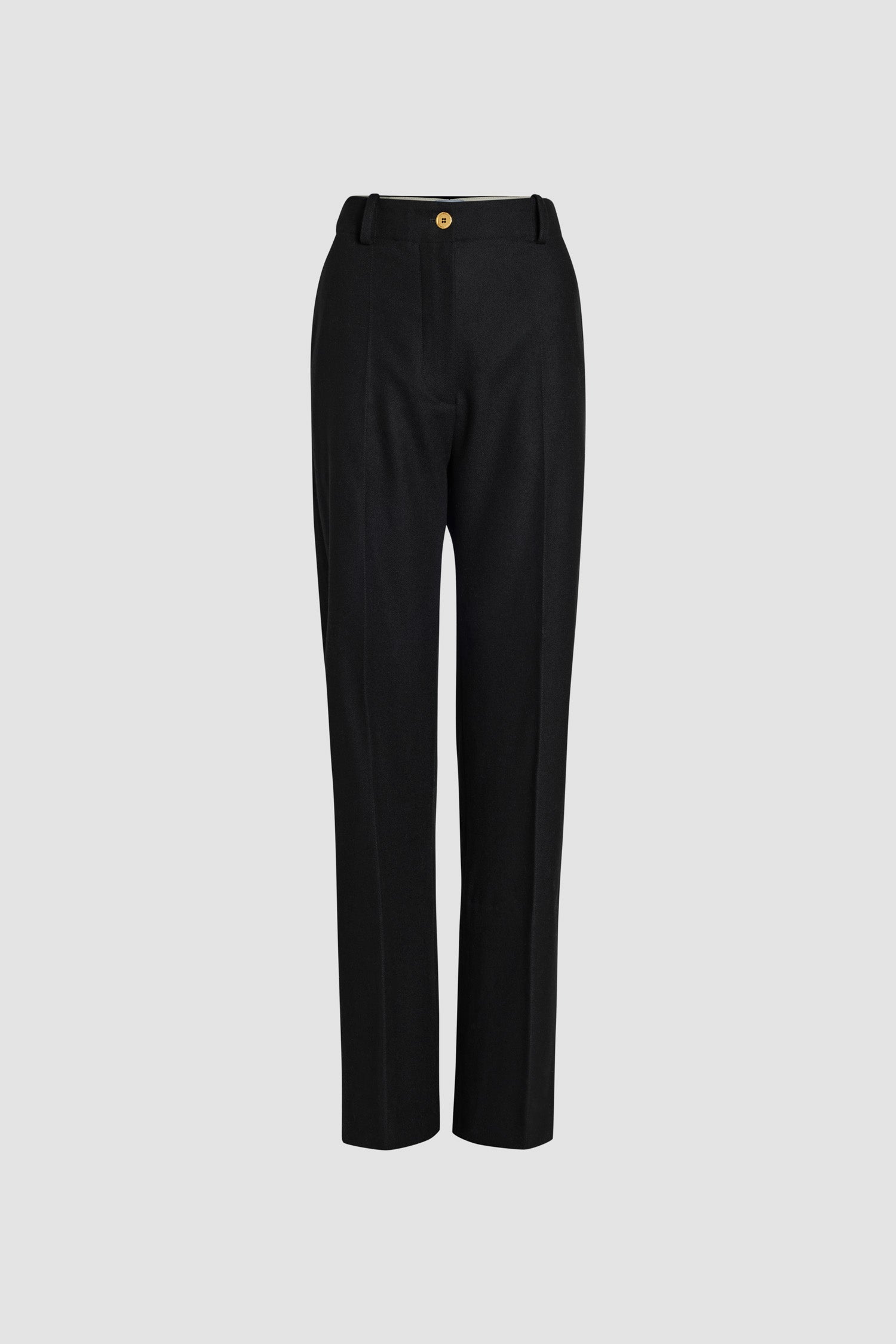 Patou - Iconic long trousers in sustainable wool and cashmere blend - Black - Black sustainable wool and cashmere blend trousers. Iconic Patou silhouette. Long straight fit. Fastens via a gold-tone JP-engraved button and concealed zip at the front. Belt loops, two pockets at the sides. Signature darts at the back.