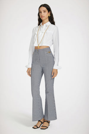 Pantalon évasé en denim bio rayé