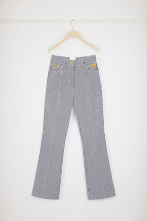 Pantalon évasé en denim bio rayé