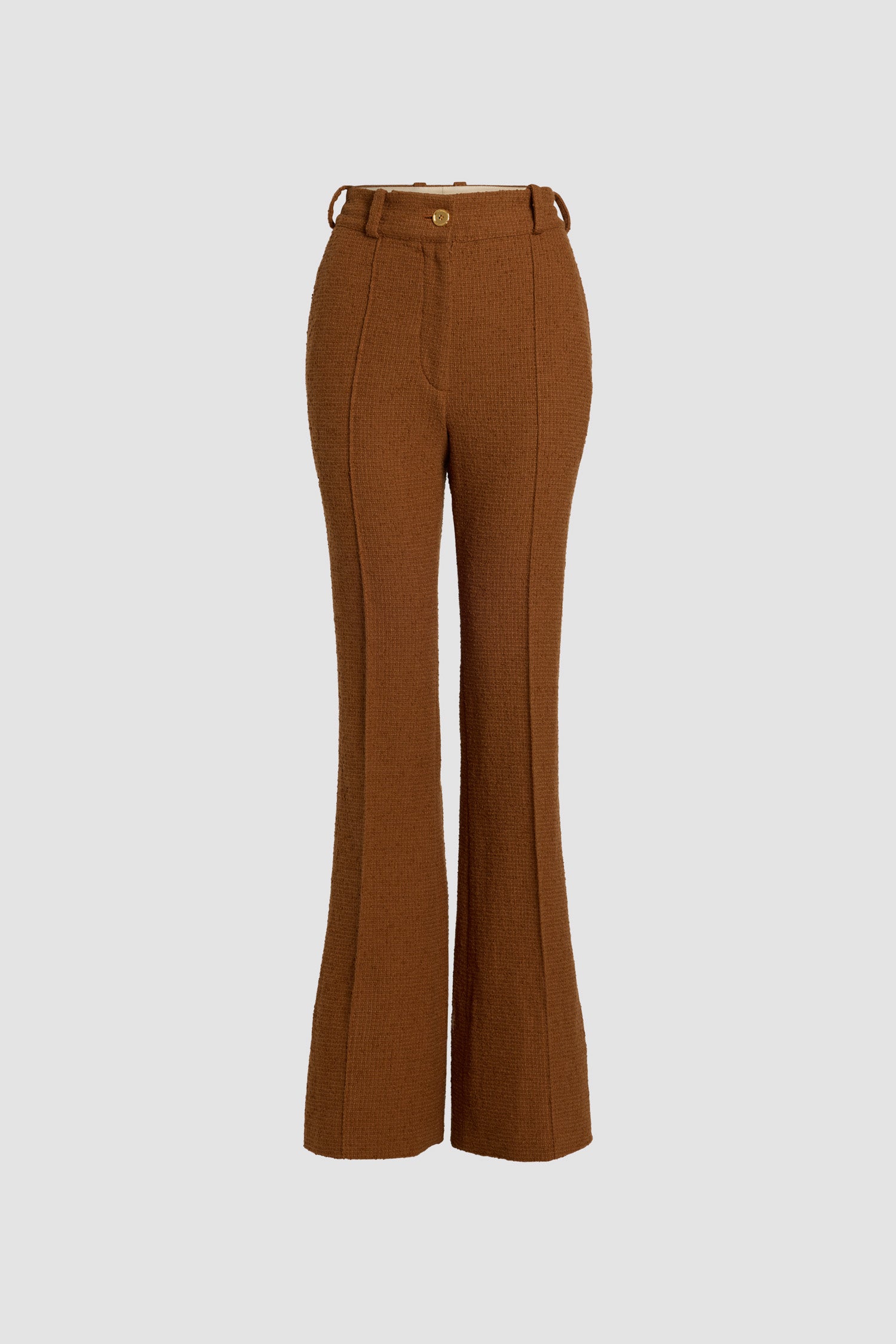 Patou - Flared trousers in sustainable wool and organic cotton tweed - Autumn Leaf - Autumn Leaf brown sustainable wool and organic cotton tweed trousers. Flared leg. High rise. Belt loops. Fastens via a gold-tone JP-engraved button and concealed zip at the front. Two pockets at the sides. Pressed creases at the front.This style runs long.