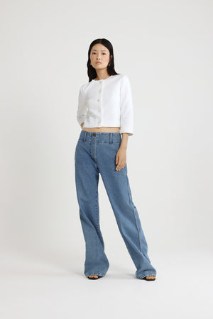 Wide waistband trousers in cotton denim