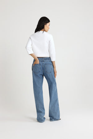 Wide waistband trousers in cotton denim