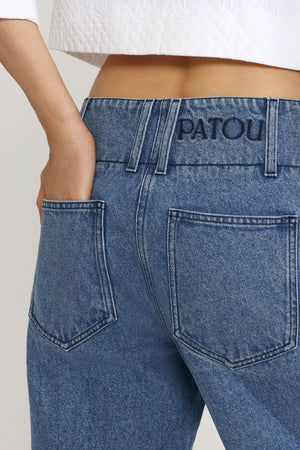 Wide waistband trousers in cotton denim