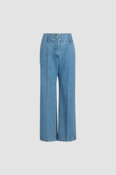 Wide waistband trousers in cotton denim