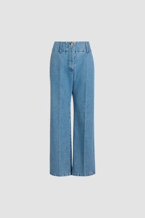 Wide waistband trousers in cotton denim