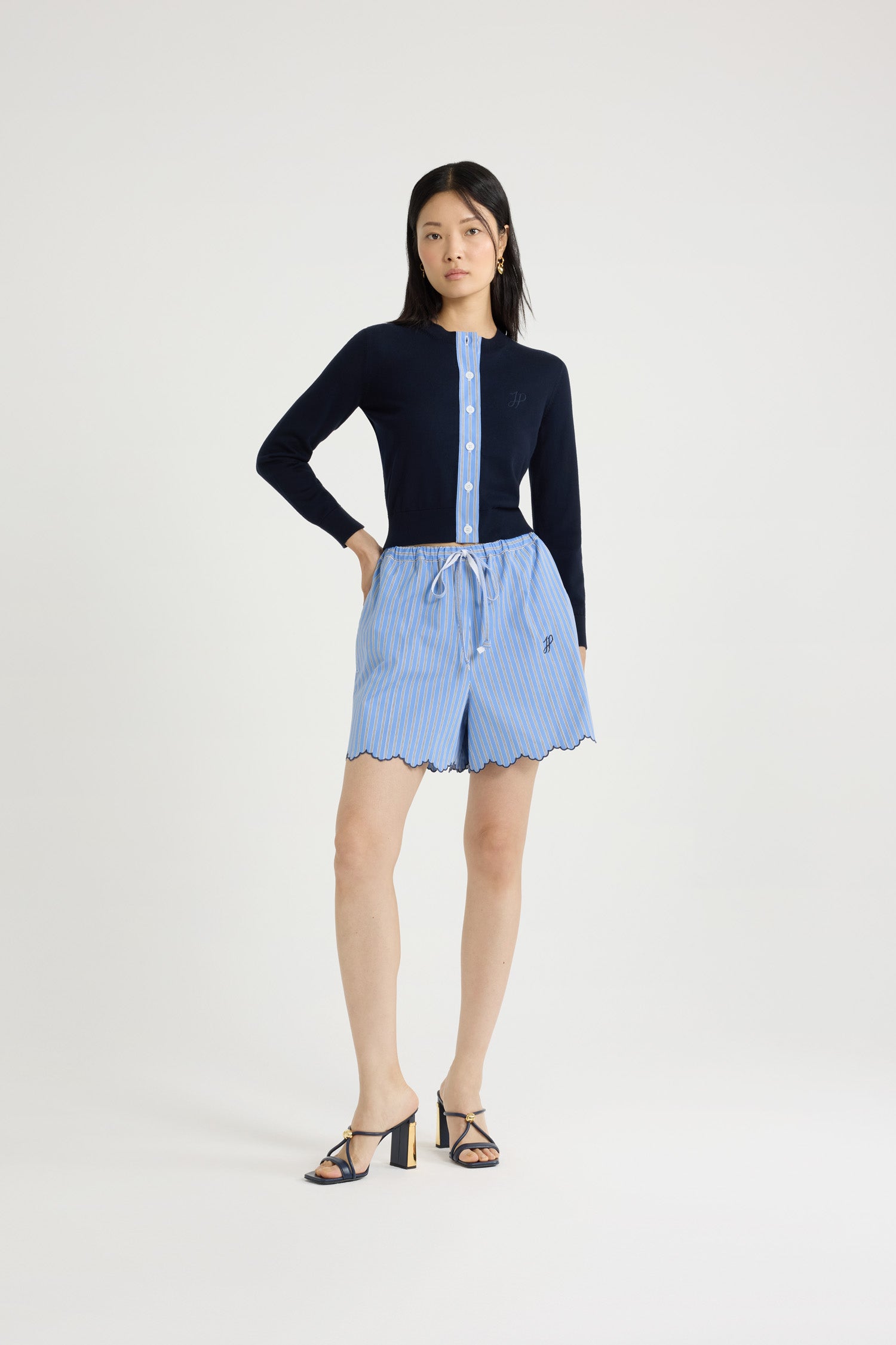 Patou - Summer shorts in printed organic cotton poplin - Heritage Blue Stripes - Heritage Blue organic cotton poplin shorts. Striped pattern. Mid-thigh length. Elasticated waistband with drawstring fastening. Embroidered JP initials at the front. Scalloped hem.