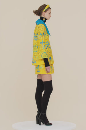 Printed organic tweed jacket with guipure collar